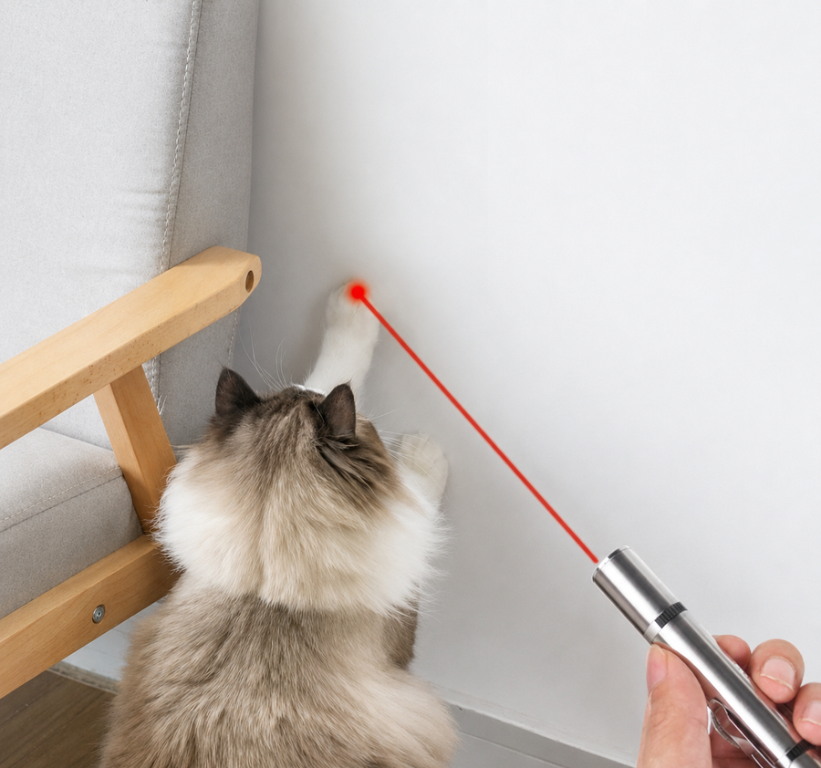 Ragdoll cat reaching for laser beam on wall